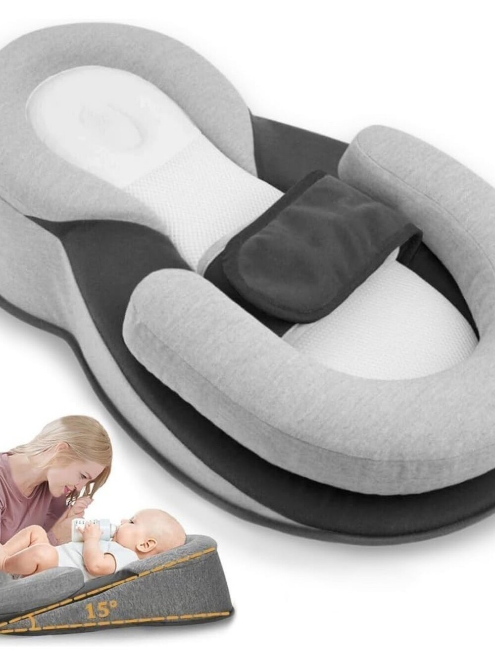 Infant Lounger with Cushion And Strap Gray And White, New Without Box